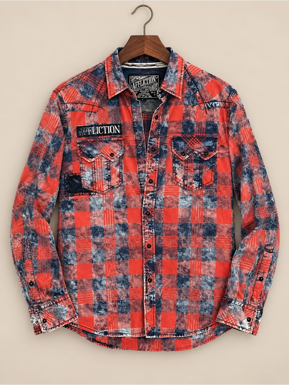 Affliction | Men’s Plaid Button Down Embroidery Patches Limited Edition Grunge